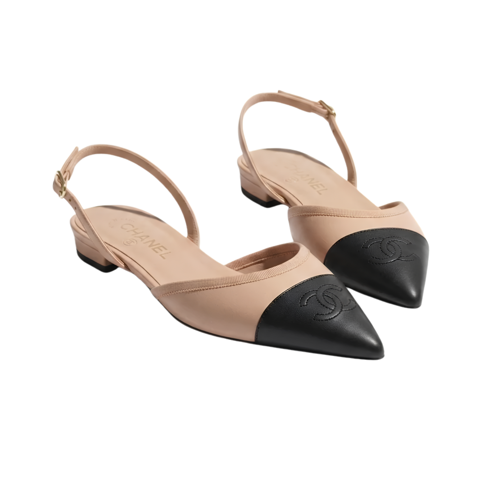 Chanel Pointed-Toe Slingbacks Beige & Black Lambskin Grosgrain G39828